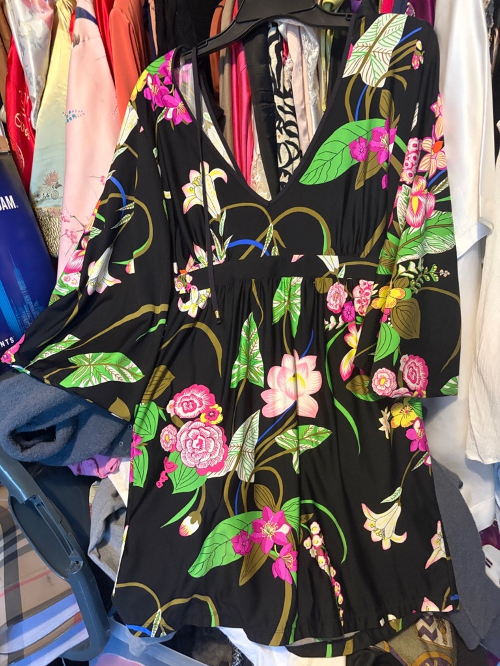 Trina Turk Black Floral Swim Coverup with Pink & Green Accents